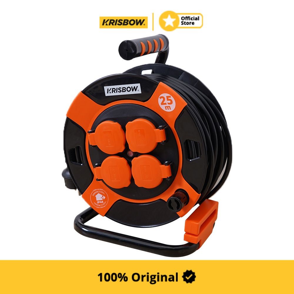 Krisbow 25 mtr Kabel Roll 4 Socket - Hitam/Oranye Kabel Roll Cable Reel Extension Cable