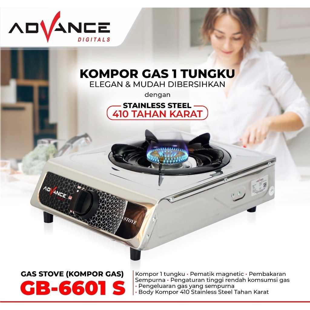 GB6601S Advance Kompor 1 Tungku Stanless Kompor Gas 1tungku Advance