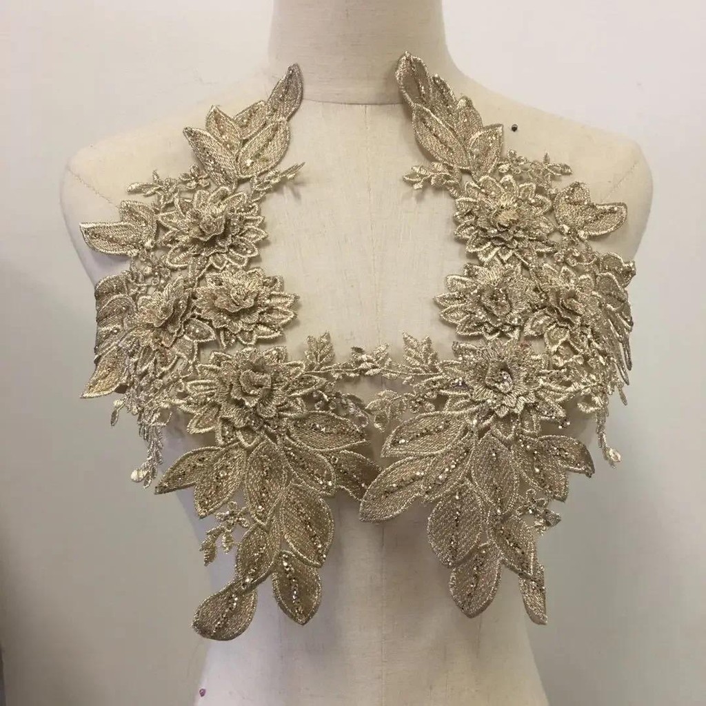 

1Pairs Silver Gold Lace Applique Sewing on Patches on Clothes 3D Flower Stickers Suit Embroidery Applique DIY Cloth 32x22cm