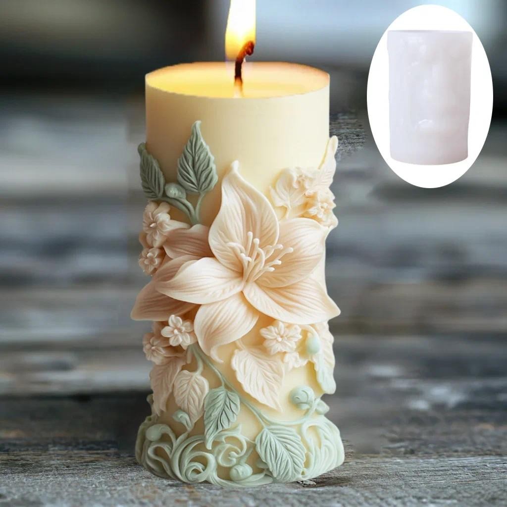 

2025 3D Blooming Lily flower relief cylindrical candle silicone mold flower cylinder resin mould Blooming peony gypsum molds