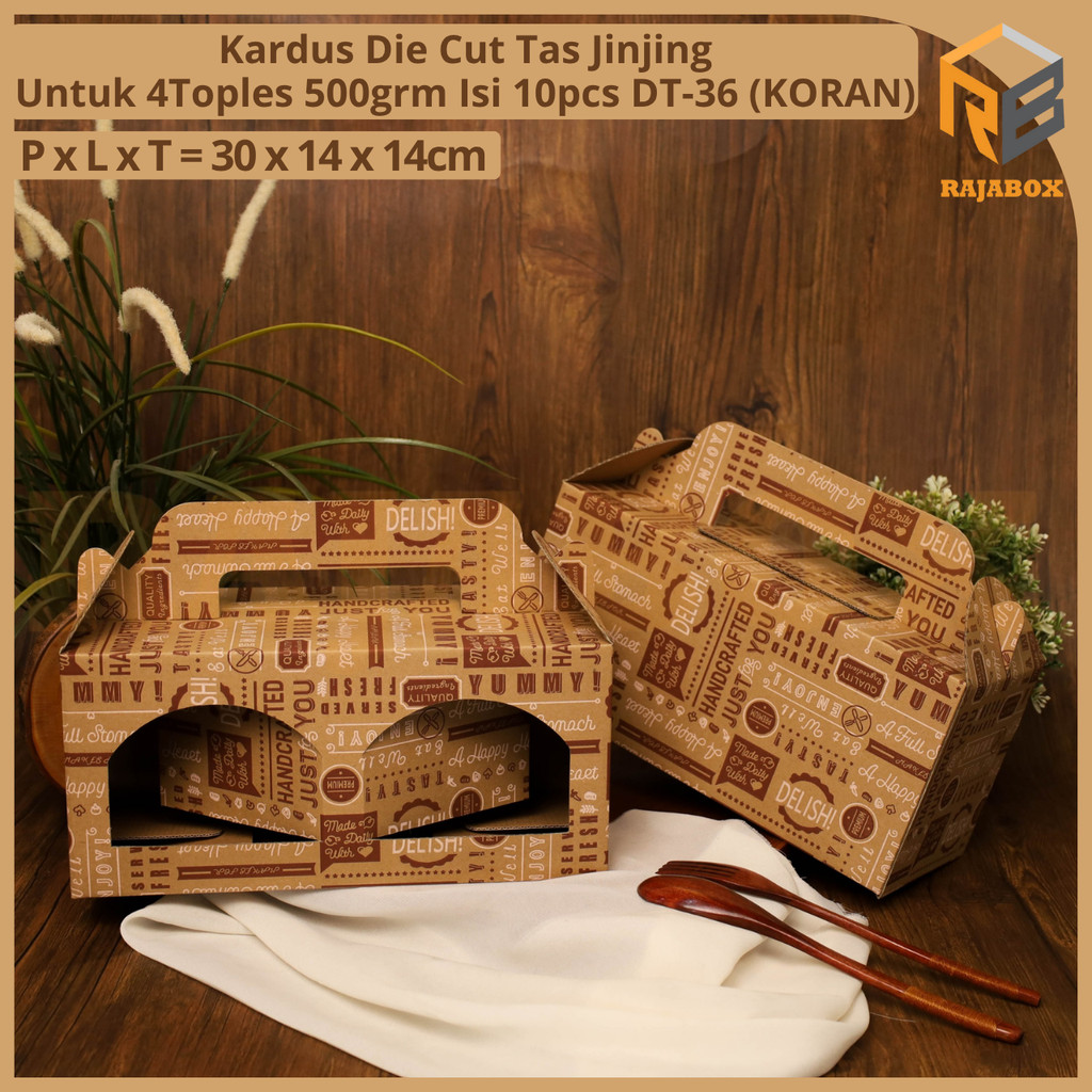 

DT-36 Kardus Die Cut Tas Jinjing Isi 4 Toples 500 Gr Isi 10 Pcs RajaBox RB