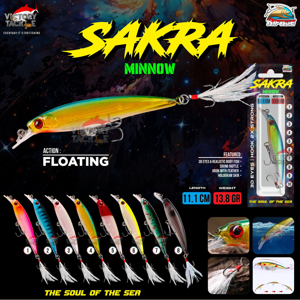 UMPAN PANCING LURE MINNOW Riptide SAKRA Minnow FLOATING Lure 11.1 CM 13.8 GRAM Casting Kakap,Hampala