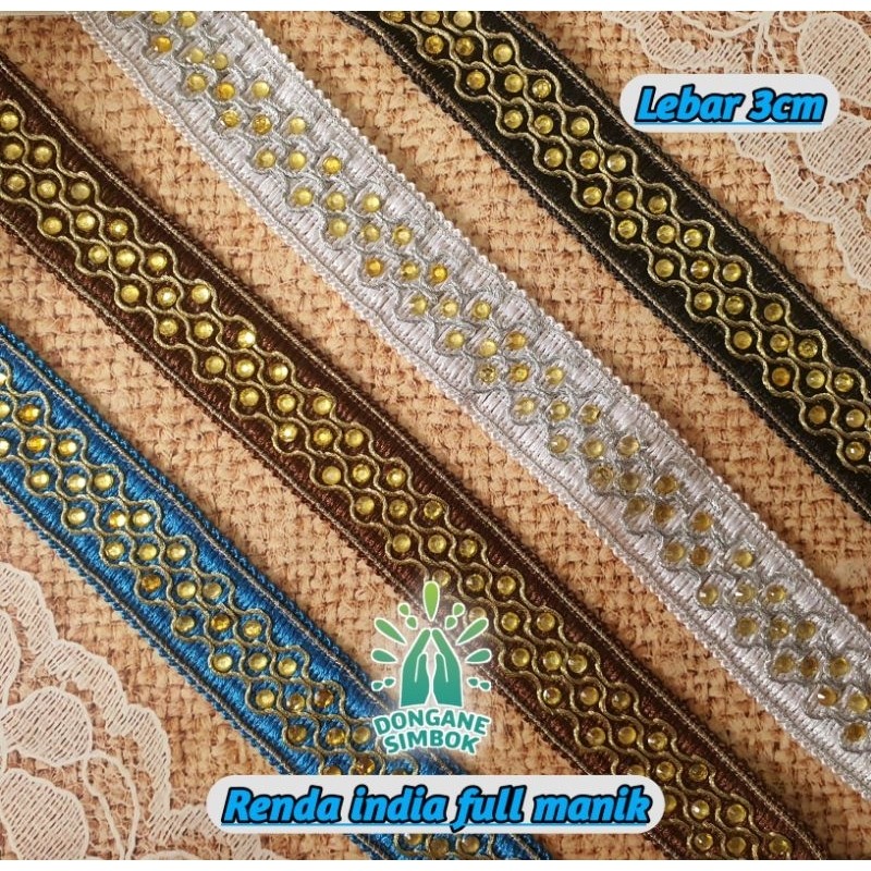 Renda India Full Manik-Manik 3cm, Bordir Emas Mote 10yard