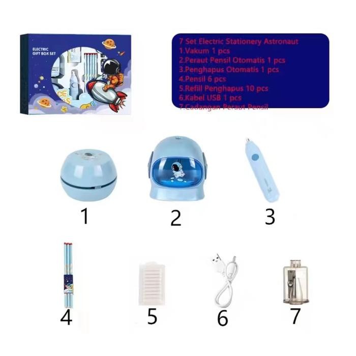 

Electric Stationery Set / Set Alat Tulis Dengan Rautan Penghapus Vacuum Elektrik dan Pensil 11 In 1 - 7 set biru BEST SELLER