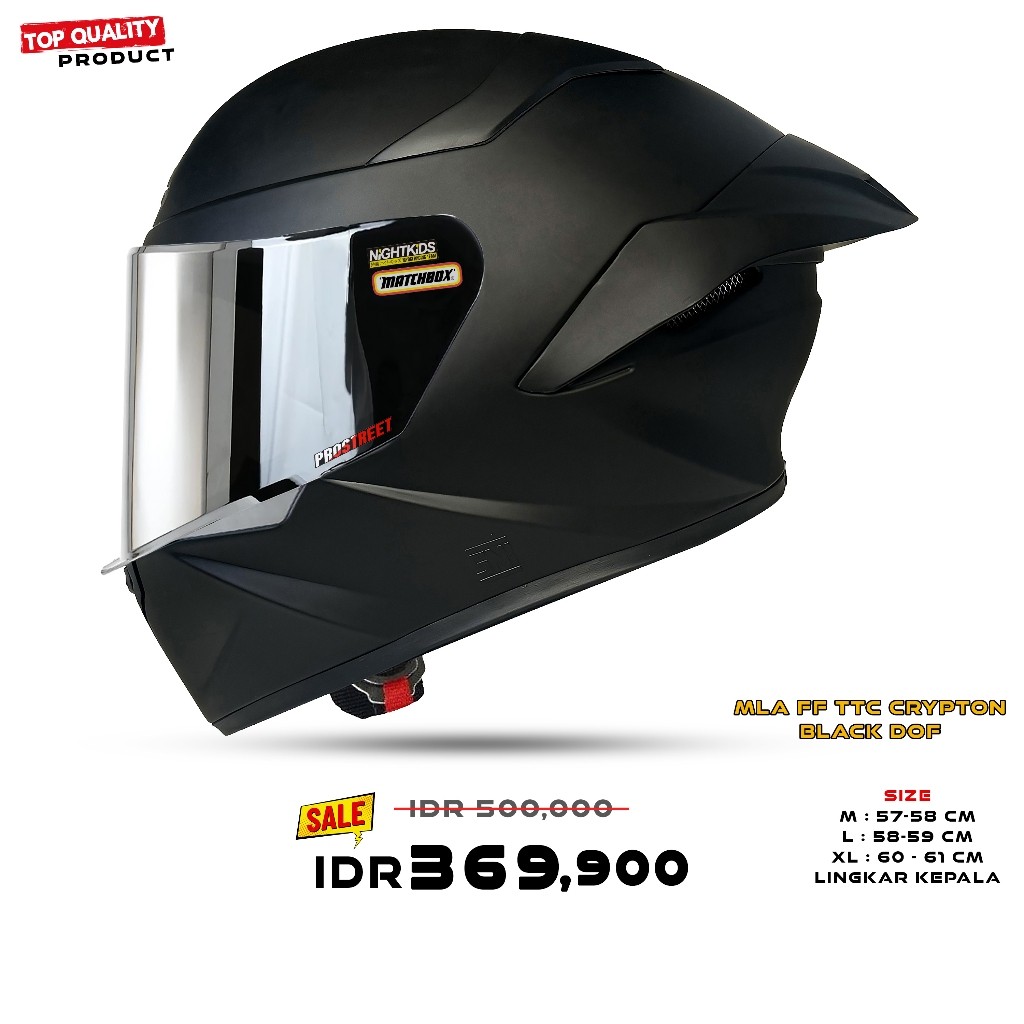 Helm Full Face MLA TTC Crypton | Hitam Doff Kaca Smoke | Paket Ganteng Dewasa SNI