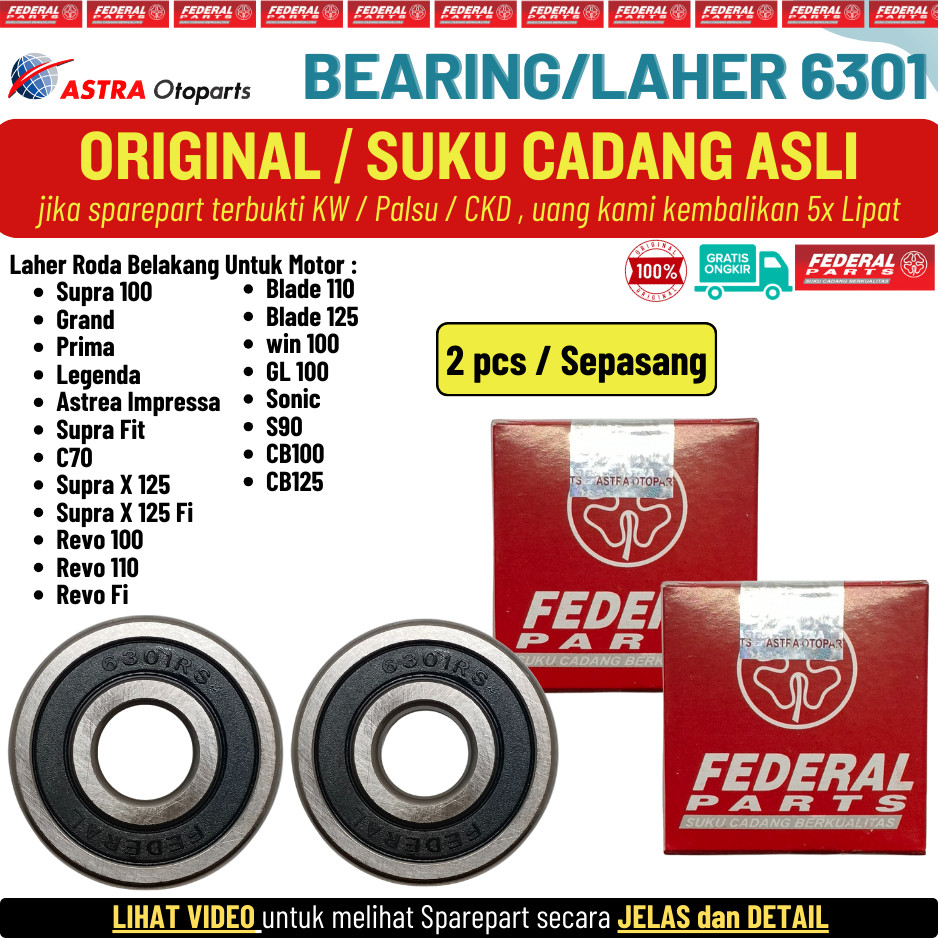 Laher Bearing Roda Belakang 6301 Supra Lama Grand Prima Legenda Astrea Impressa Supra Fit Original