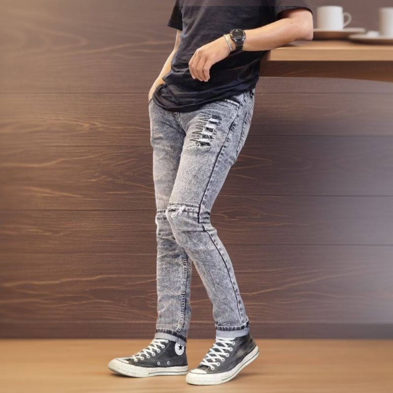 Celana Jeans Pria Sobek Abu Sandwash Ripped - Celana Jeans Grey Snow Slimfit Skinny Denim Terbaru
