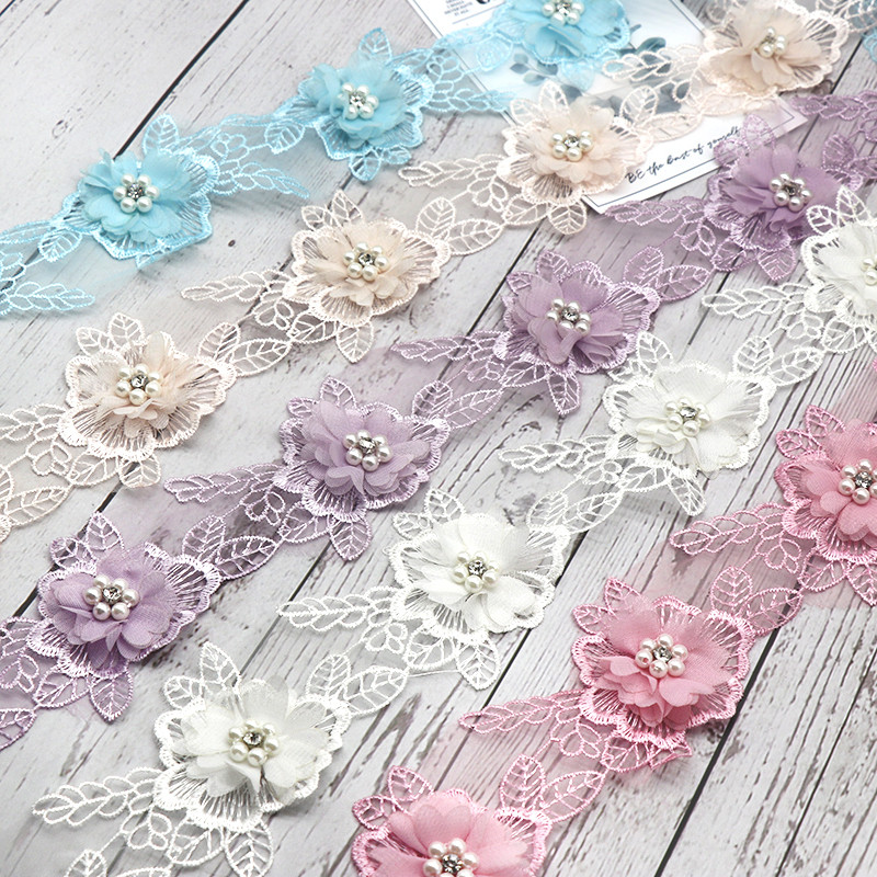 

H692 Pearl Flower Organza Lace Trim trimmings Knitting Wedding Lace Embroidered DIY Patchwork Ribbon Sewing Supplies Craft