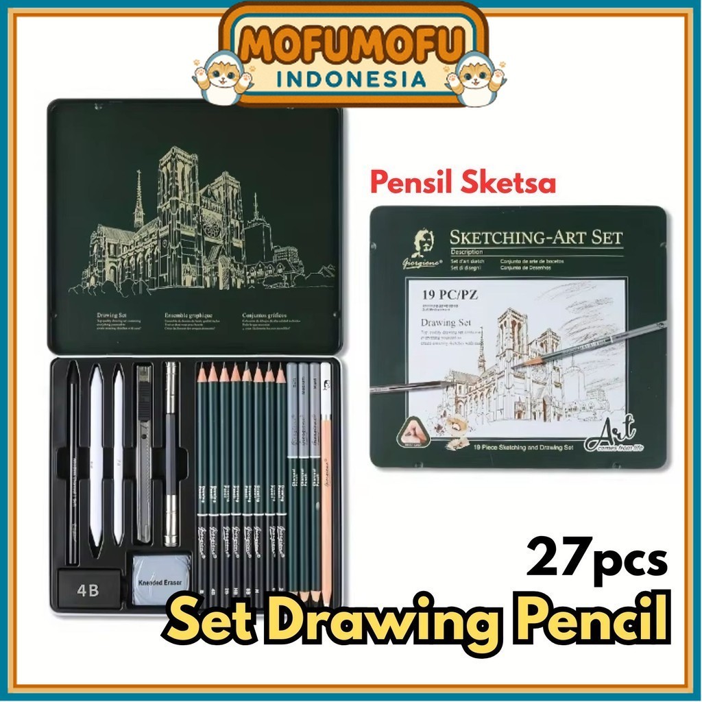 

27pcs Giorgione Set Drawing Pencil Pensil Sketch Tin Box Arang Penghapus BR081 Profesional