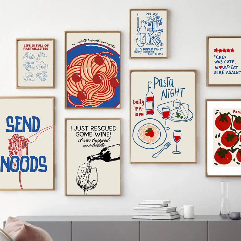 

Fashion Vintage Spaghetti Red Wine Print Posters Color Food Line Drawing Canvas Painting Living Room Kitchen Wall Art Home Decor