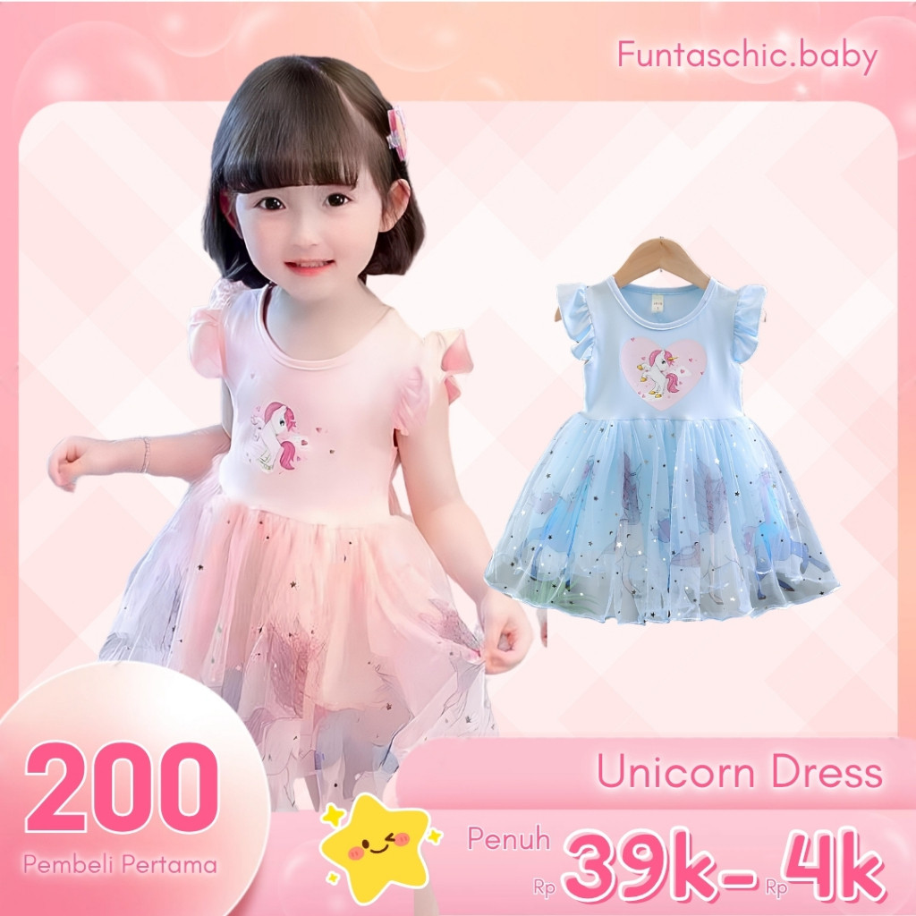 FUNTASCHIC.BABY  0-8Tahun Dress Unicorn Anak Perempuan Gaun Pesta Lucu Untuk Bayi Cewek Baju Ulangta