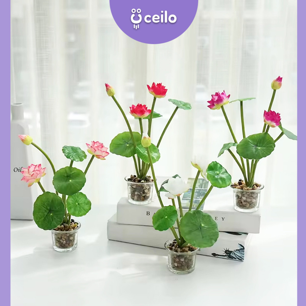 Promo Bunga Teratai Imitasi Pot Kaca | Lotus Artificial | Tanaman Teratai Palsu | Bunga Teratai Pot 