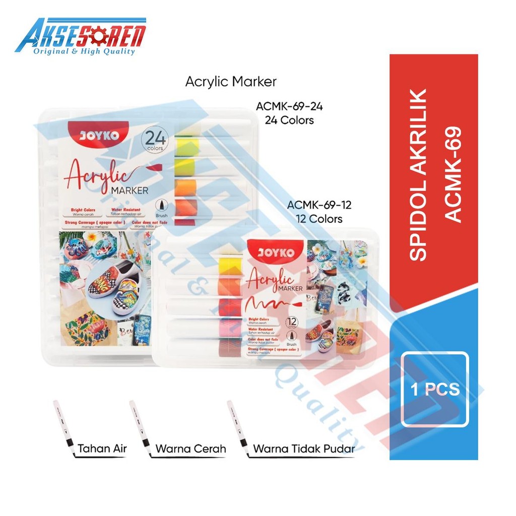 

Aksesoren Acrylic Maker Joyko [ACMK-69-12/24 Warna] / Spidol Akrilik / Sepidol Sepatu Untuk Kayu Batu Tahan Air ACMK-69-24