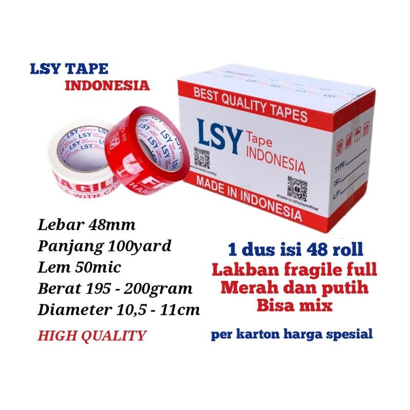 

lakban fragile full merah & putih 100yard 1 dus isi 48 roll LSY TAPE INDONESIA ( CBM )