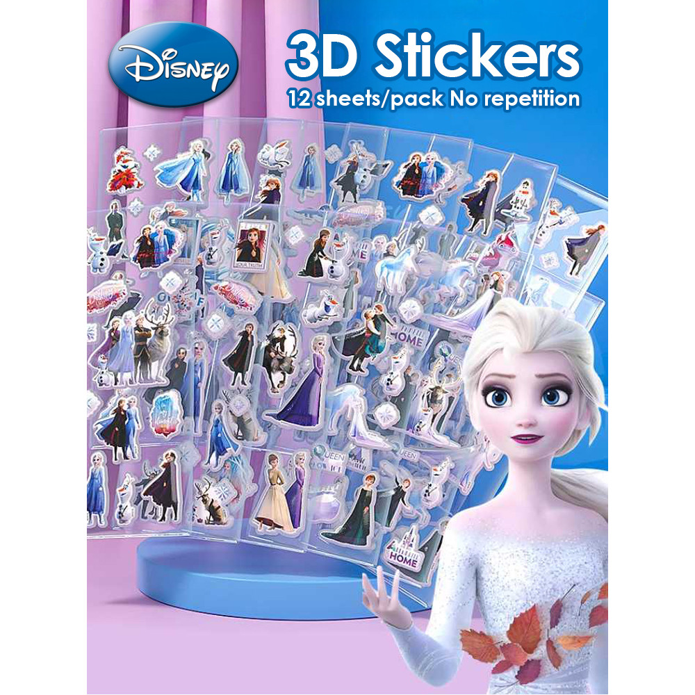 

12Sheets Cute Disney Cartoon 3D Bubble Sticker Frozen Princess Snow White Decals Kawaii Reward Puffy Sticker for Kids Toy