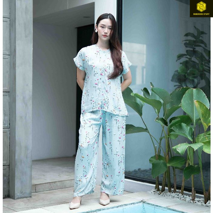 Baju Tidur Wanita Piyama One Set Lengan Pendek Rayon Busui [Yura] Floretta