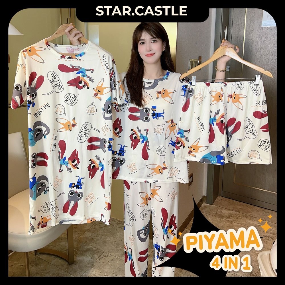 TOMOYSHOP Piyama 4 set Wamita Dewasa Jumbo Lembut dan Dingin  /4in1 Baju Tidur Set Daster Celana Pen