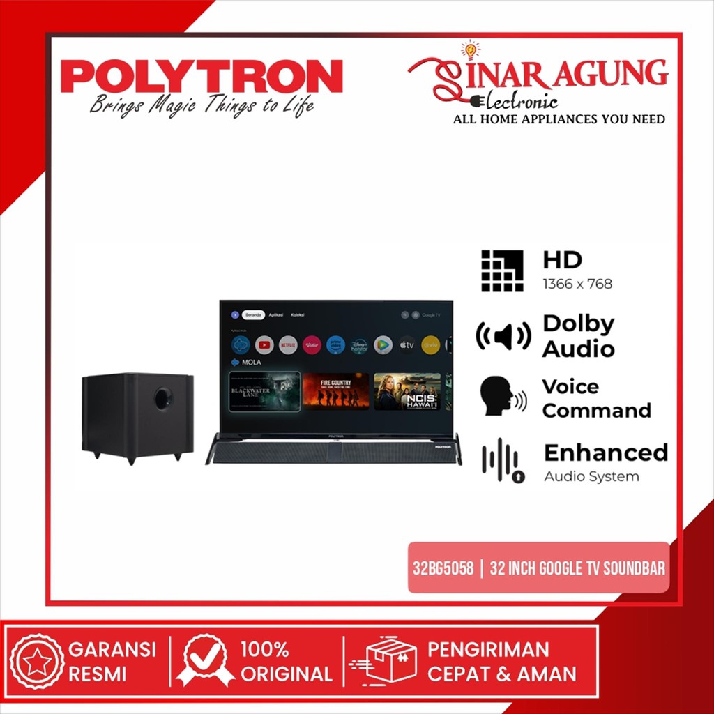 POLYTRON PLD32BG5058 SMART TV GOOGLE TV 32 INCH + SOUNDBAR SUBWOOFER - GARANSI RESMI