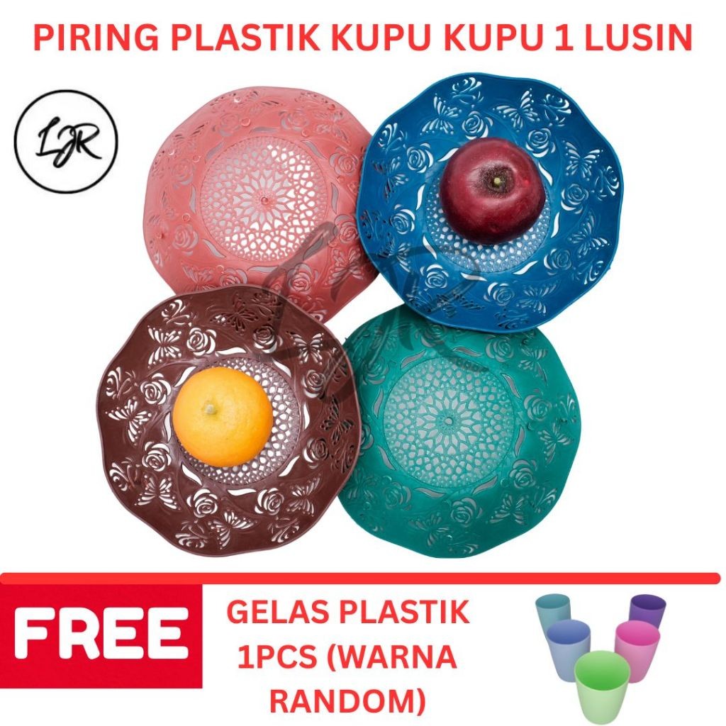 LJR Piring Plastik Rotan Motif Bunga Kupu Kupu 21cm Warna Random 1 Lusin + Gelas Plastik 1 Pcs
