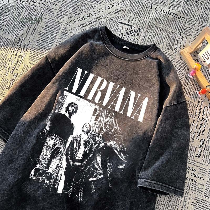 Washed T-shirt Kaos Pria Unisex Nirvana Band Motif Vintage
