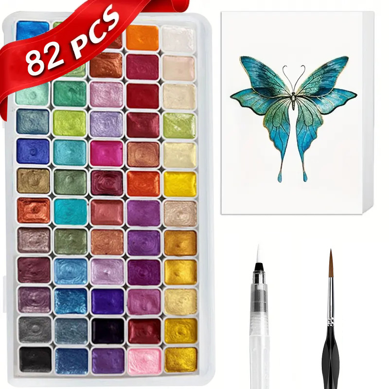 

82pcs Professional Watercolor Paint Set, 60 Colors Pearlescent Solid High Pigment, with 2pcs Paint Brushes And 20 Sheets Paint.