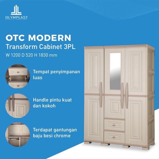 OTC 3P MODERN - LEMARI PAKAIAN 3 PINTU CERMIN + LACI OLYMPLAST OTC ST2-3PL MODERN / LEMARI 3P PLASTI