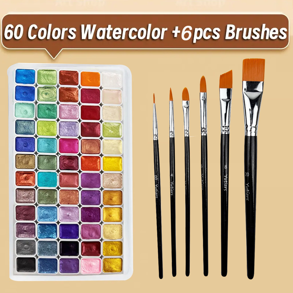 

66pcs Watercolor Paint Set, Sparkle Pearlescent Solid High Pigment, 60 Metallic Colors, Flash Golden Slivery Starry Color Kit