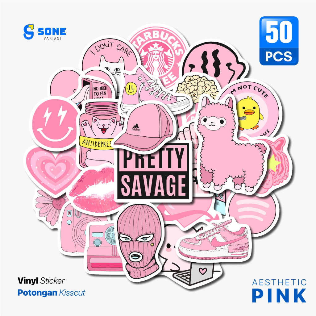 

Stiker Aesthetic PINK Vinyl Waterproof Anti Air untuk Freebies Sticker Buku Journal Casing Phone