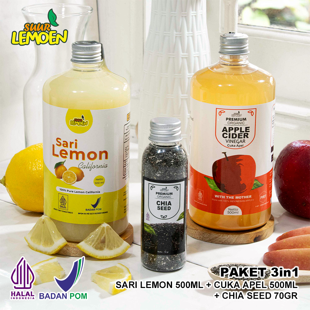 

Suur Lemoen - Paket 3in1 - Sari Lemon 500ml, Cuka Apel 500ml, Chiaseed 70gr