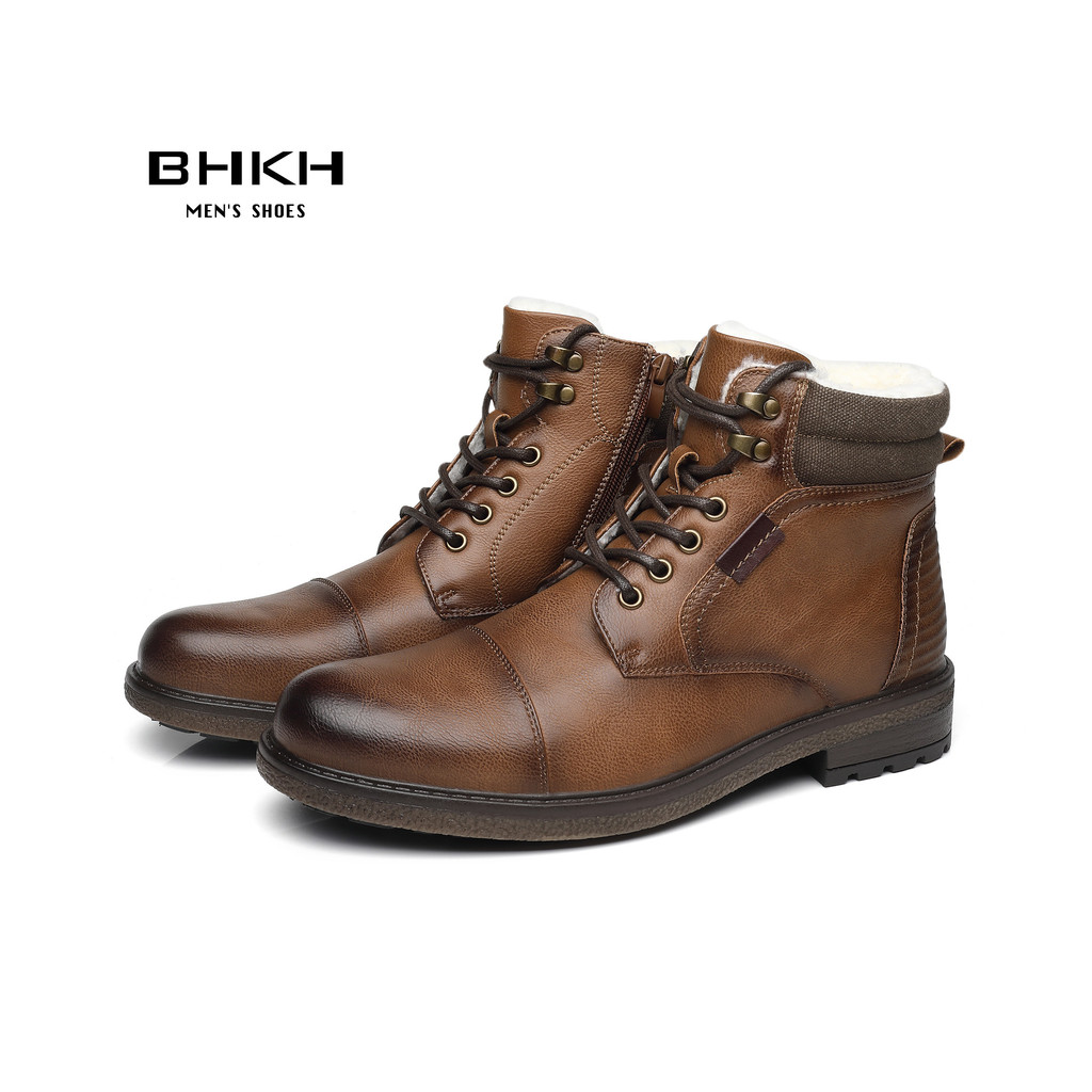 BHKH 2024 Winter Men Boots Fur Warm Ankle Boots Anti-Slip Snow Shoes Zip Lace-up Men Casual Boots Ma