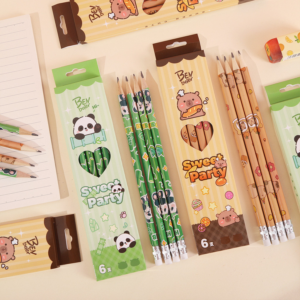 

6 Pcs Kawaii Wooden Pencil HB Pencil Children's Drawing Pencil School Writing Stationery Back To School Acsesories Pencil & Gift