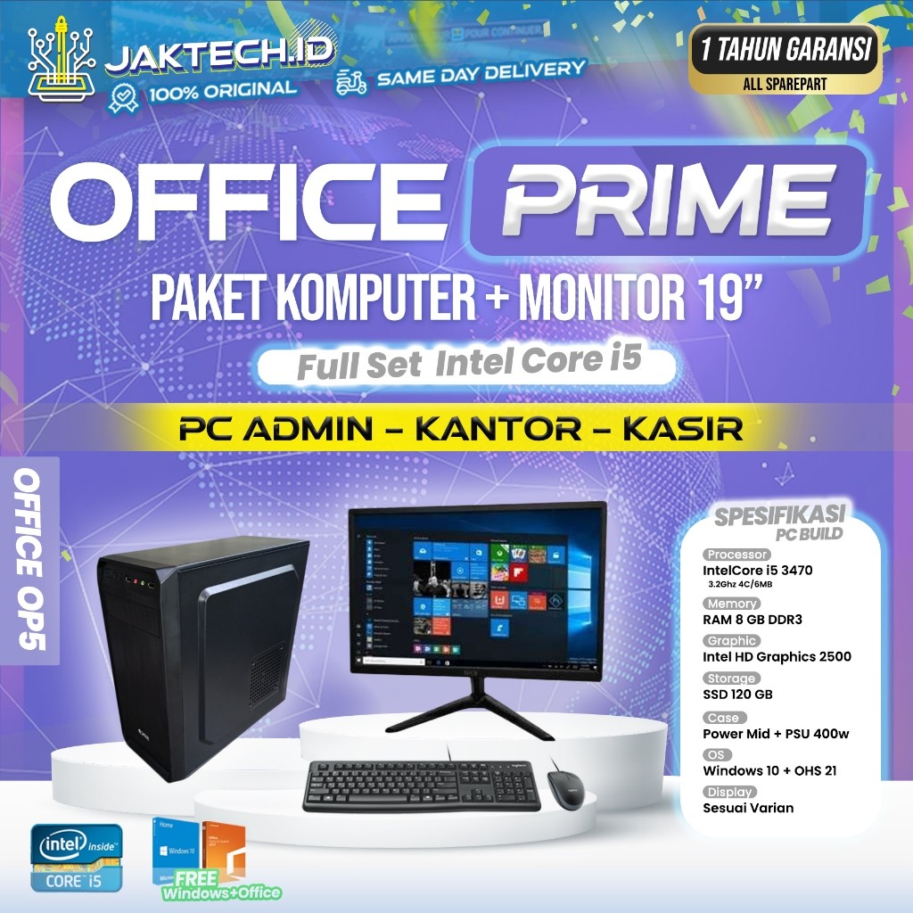 PC Rakitan Core i5 + Monitor 19" / RAM 8 GB / SSD / PC ADMIN KANTOR / Komputer Office Kantor Murah