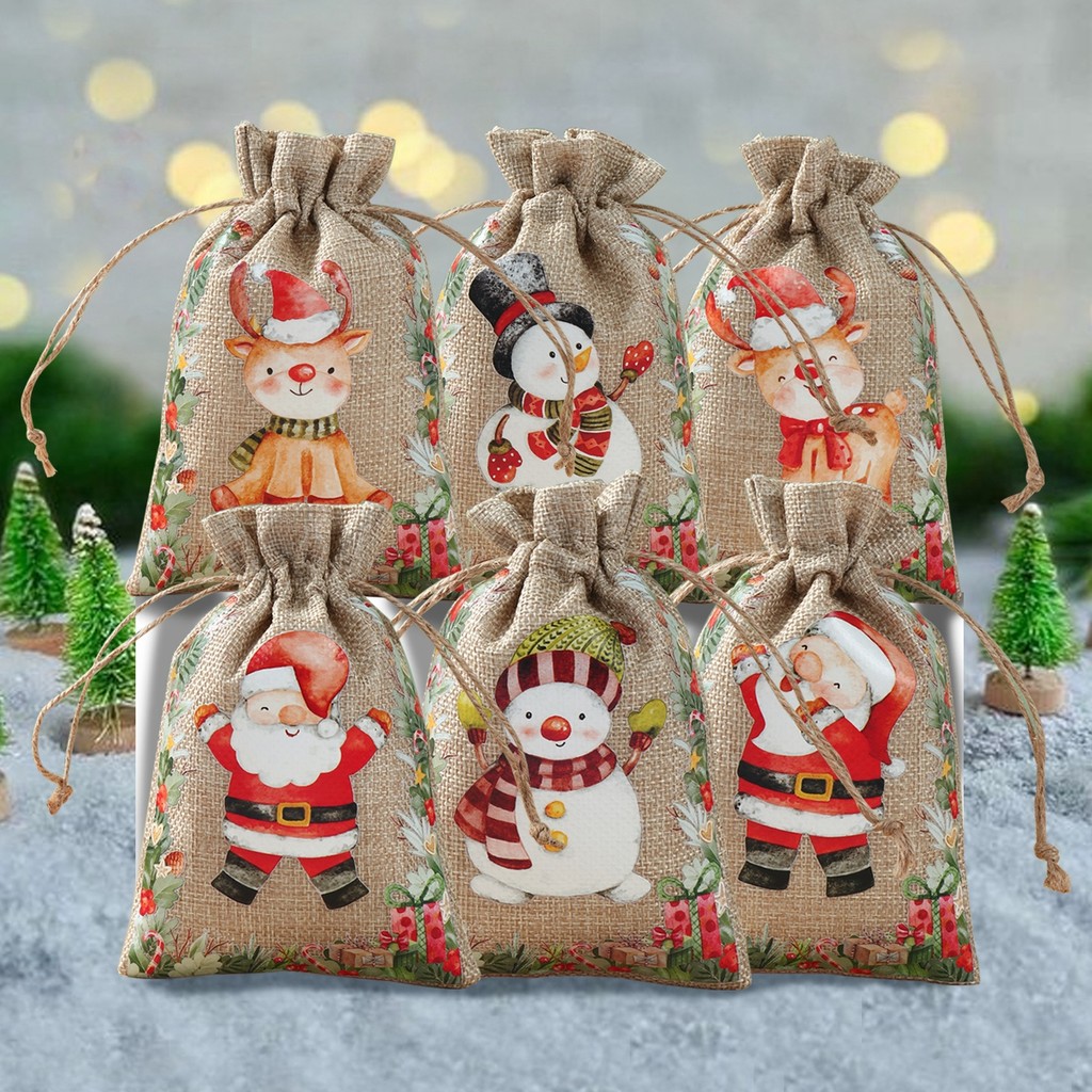 

6Pcs Santa Claus Elk Bells Small Bear Drawstring Natural Burlap Bag Jute Gift Bag 10x15cm Cotton Linen Print Gift Bag