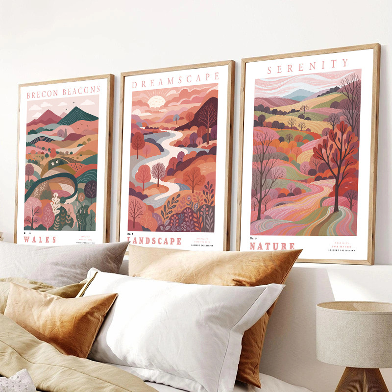 

Set of 3 Landscape Illustrations in Pink Abstract Prints Brecon Beacons Poster Wales Landscape Prints for Bedroom or Living Room
