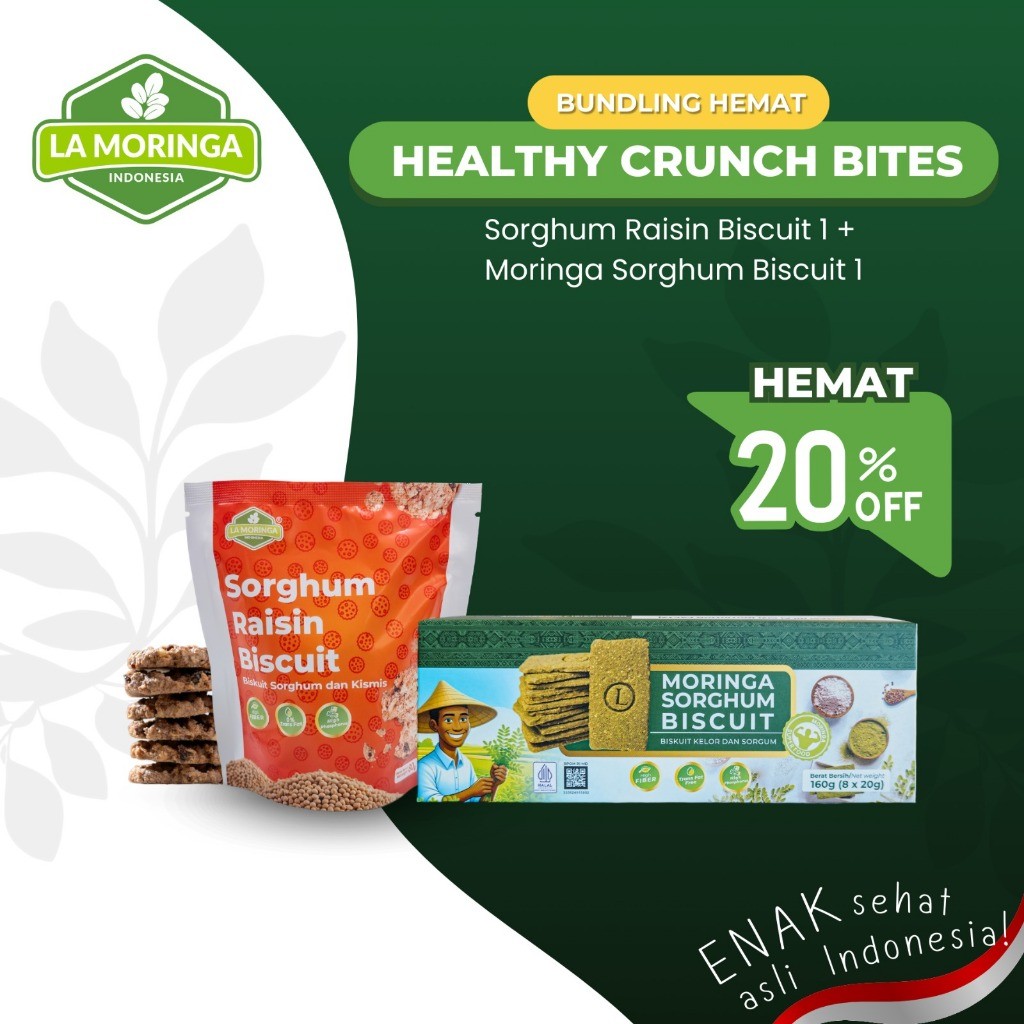 

Paket Bundling Healthy Crunch Bites : Healthy Sorghum Raisin 80 gr + Moringa Sorghum Biscuit 160 gr
