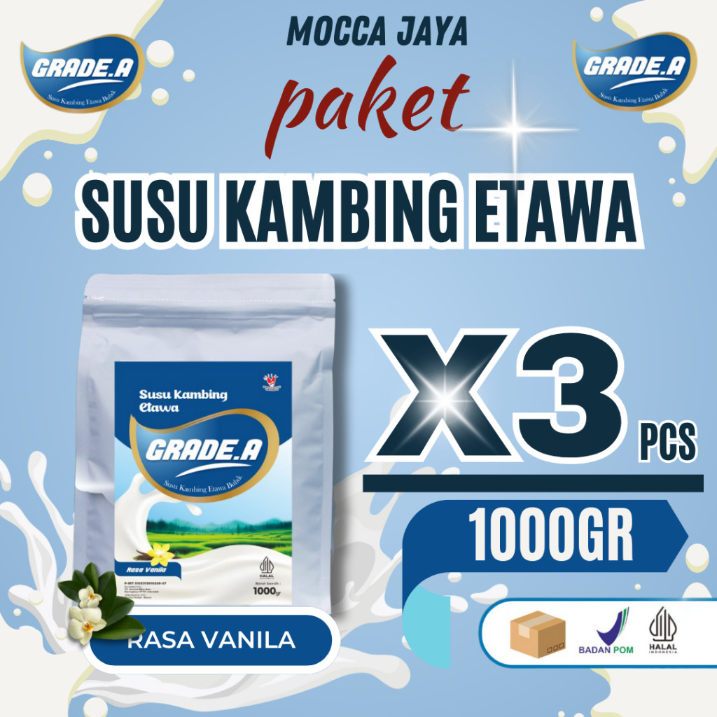 

Paket 3 Pcs Grade.A Susu Kambing Etawa Bubuk Rasa Vanila 1kg\1000gr