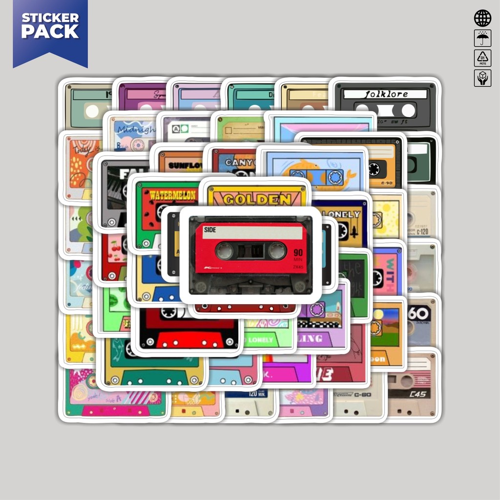 

[100PCS]Stiker Pack Stiker Cassette Tape (Kaset Audio) Aesthetic Vinyl Anti Air Dekorasi Sticker Laptop Buku Journal Koper Helm Casing HP Gitar Helm Skateboard
