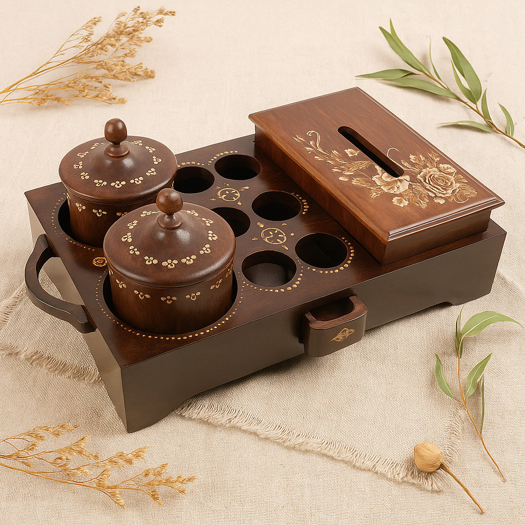 MD2H Tempat Aqua Gelas 3in1 Tisu Toples Kayu Jati Blora Isi 6 - Rak Multifungsi Estetik
