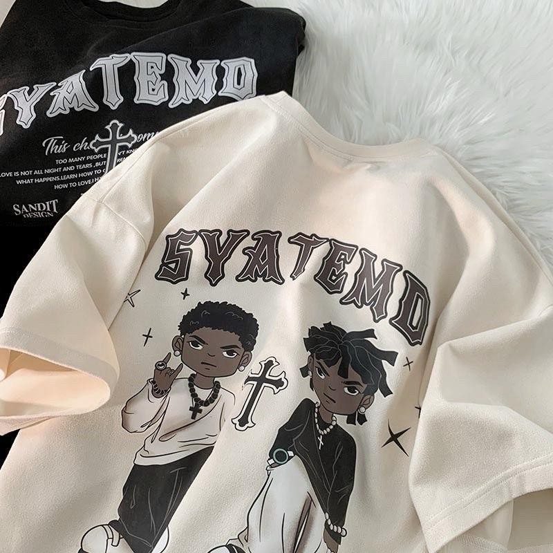 SYATEMD Kaus Ukuran Besar untuk Pria Model Kartun Gaya Asli Atasan Modis Desain Vintage Uniseks 1001