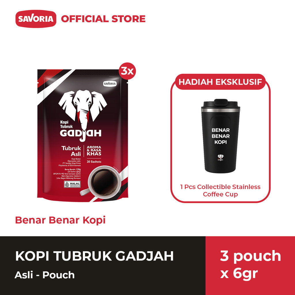 

Kopi Tubruk Gadjah Asli Pouch - 60 Sachet x 6g + Collectible Stainless Coffee Cup