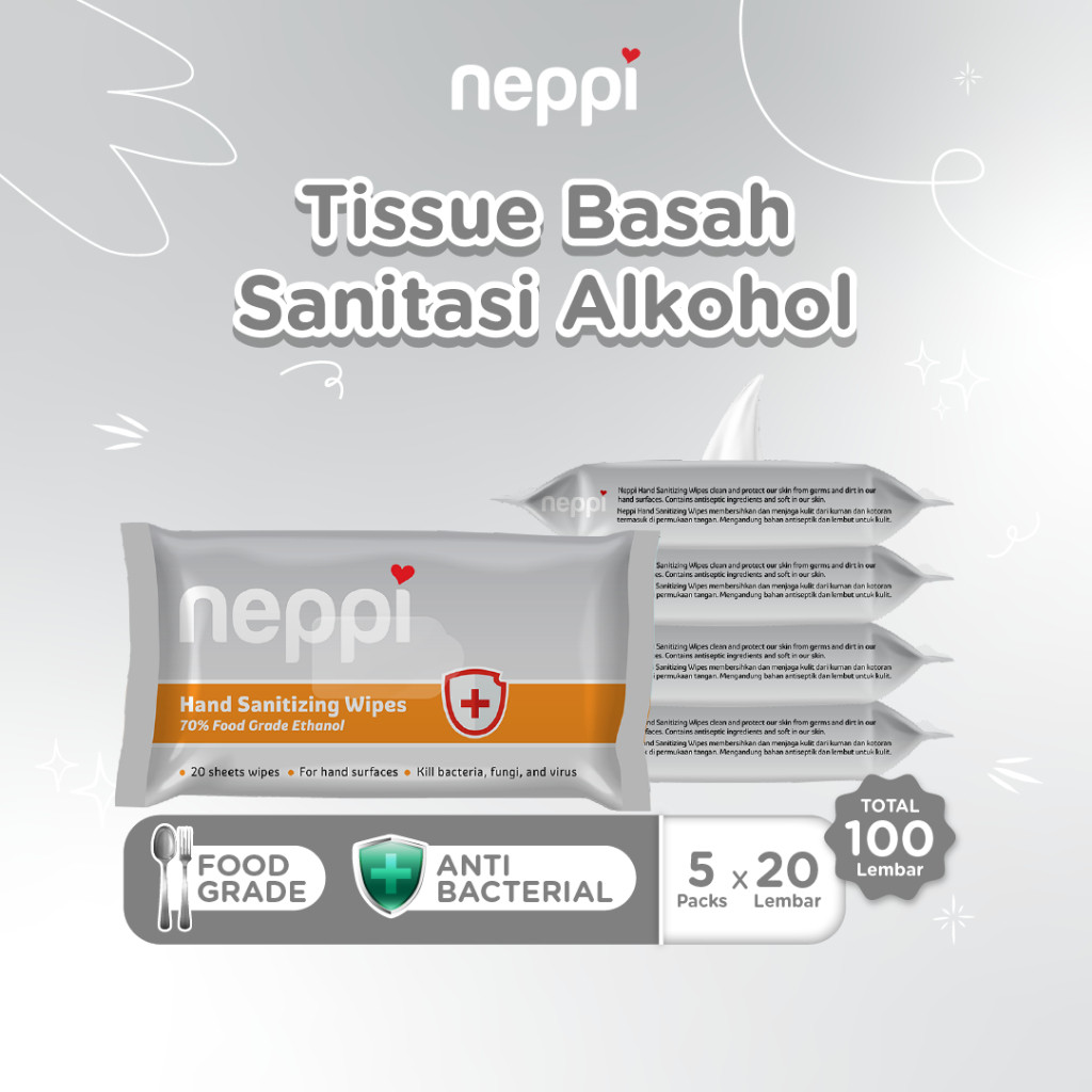(5 Pcs X 20 Lembar) Neppi Hand Sanitizing Wipes 20s - Tisu Alkohol