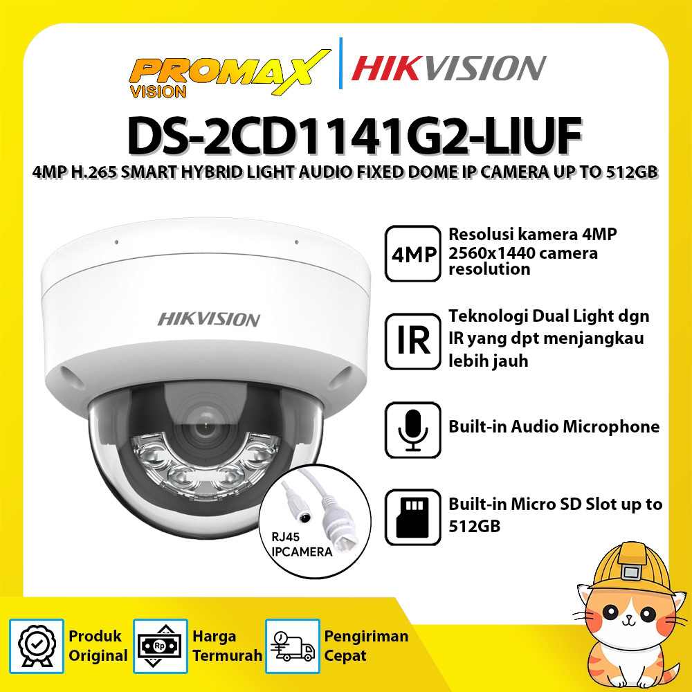 HIKVISION DS-2CD1141G2-LIUF 4MP H.265 SMART HYBRID LIGHT AUDIO FIXED DOME IP CAMERA UP TO 512GB