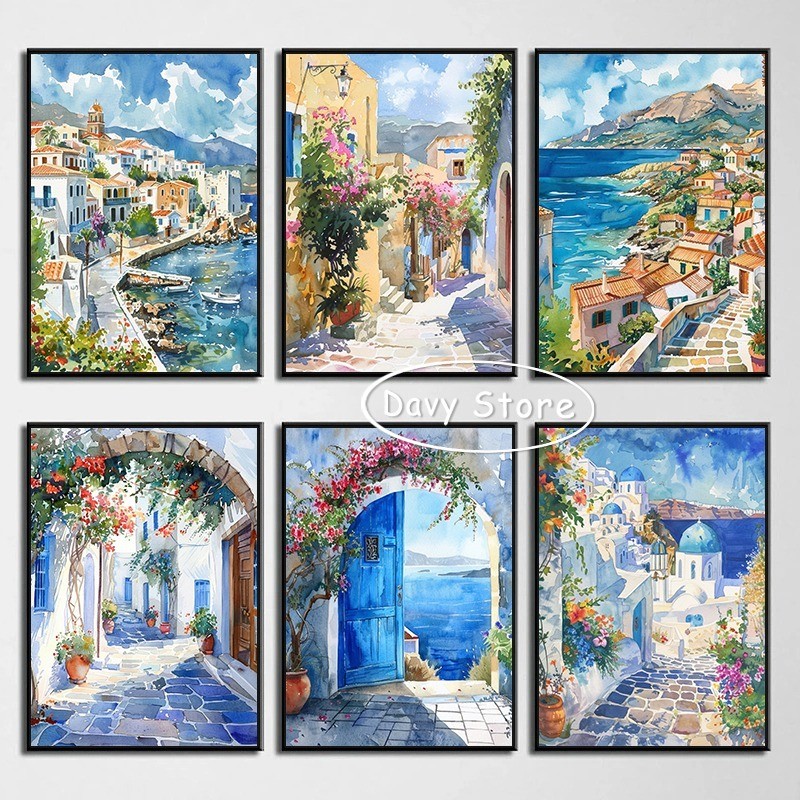 

Santorini Canvas Painting Greek Art Print Greece Travel Landscape Watercolor Poster Wall Art Picture for Living Room Home Decor
