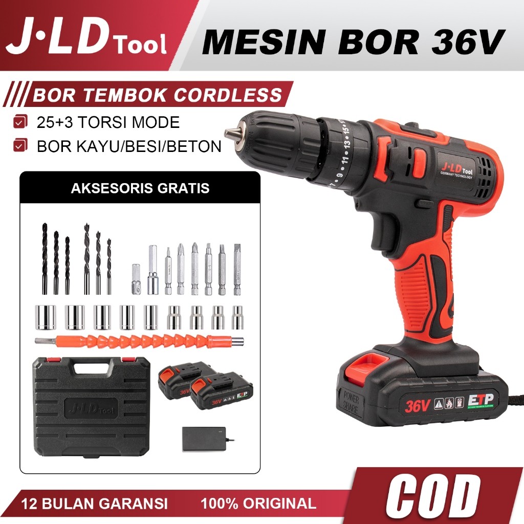 JLD 36Vf Mesin Bor Baterai Bor Cas jld 2 Batre Case 25+3 Bor Cordless Impact Drill Bor Tangan Bor Ba
