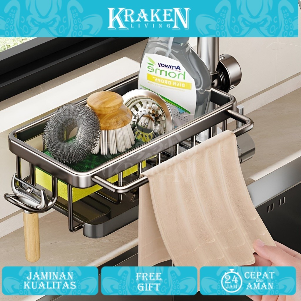 Rak Organizer Wastafel Dapur Aluminium  Tempat Sabun Spons Rak Aluminium Penyimpanan Tempat Kain Pen