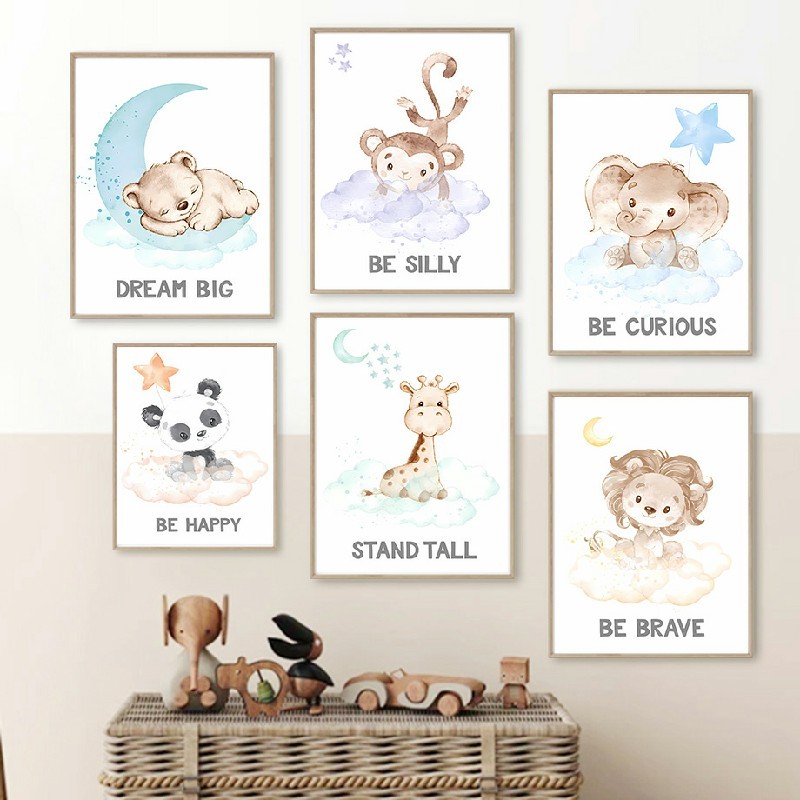 

Blue Moon and Stars Baby Posters animal lion baby elephant panda Wall Art Canvas Paintings For Baby Kid's Boy Girl Bedroom