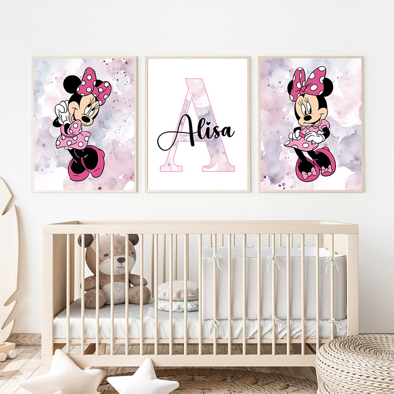 

Pink Minnie Art Prints Personalized Name Posters Watercolor Cartoons Canvas Painting Nursery Room Wall Pictures Decor Kids Gifts