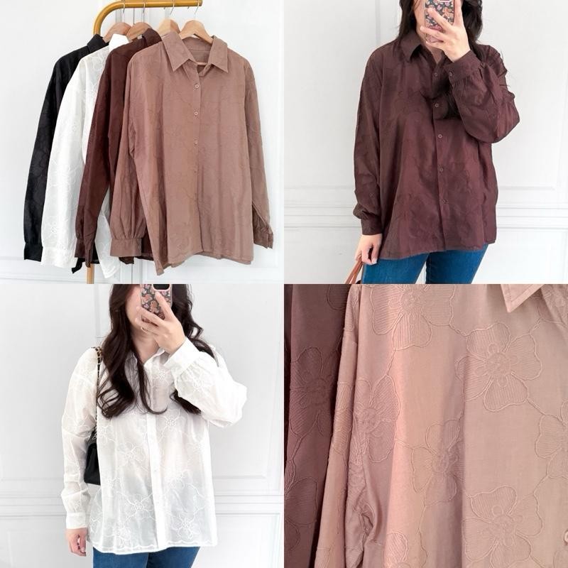 Closetlovers • Elena flowers embroiderey kemeja brukat bunga bordir putih mahogany hitam katun kanto