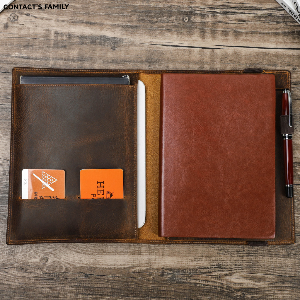 

Vintage Cowhide Notebook Portfolio iPad Mini PC Folder B5 Documents Book Cover Business Stationery Crazy Horse Leather Organizer