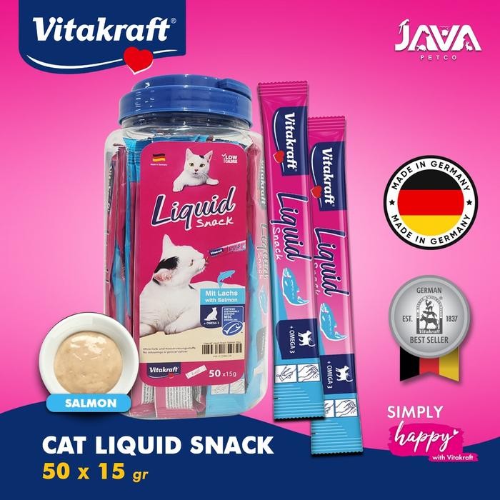 

Vitakraft Cat Liquid Creamy Treat Snack Premium Cemilan Kucing isi 50 pcs x 15 gram Toples - Salmon